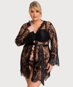 Curvy All Over Lace Long Sleeve Short Robe Sleepwear with Thong - Black