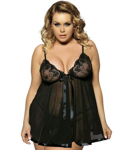 Curvy Mesh & Lace Cup Babydoll Nightdress with G-String - Black