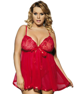 Curvy Mesh & Lace Cup Babydoll Nightdress with G-String - Red