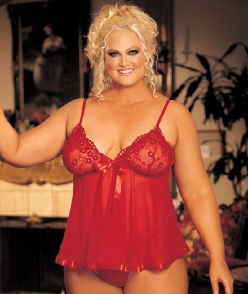 Curvy Mesh & Lace Cup Babydoll Nightdress with G-String - Red Babydoll / Chemise 