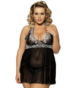 Curvy Mesh & Lace Halter Babydoll with G-String - Black