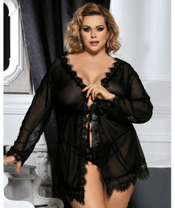 Curvy Mesh & Lace Trim Robe with Thong - Black